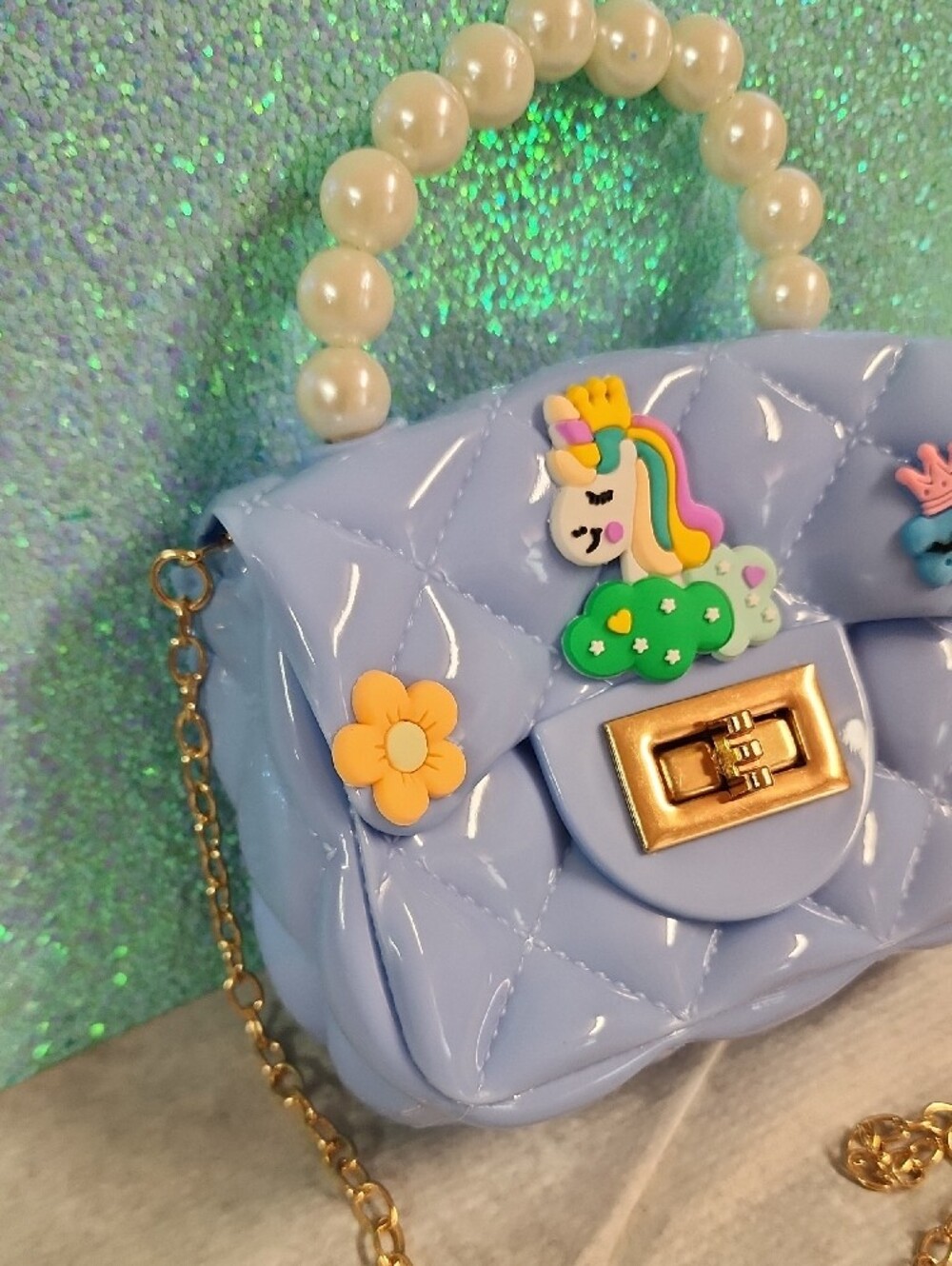 Lilac Quilted Pearl-Handle Crossbody Bag with Unicorn Accents - Picture 4 of 13